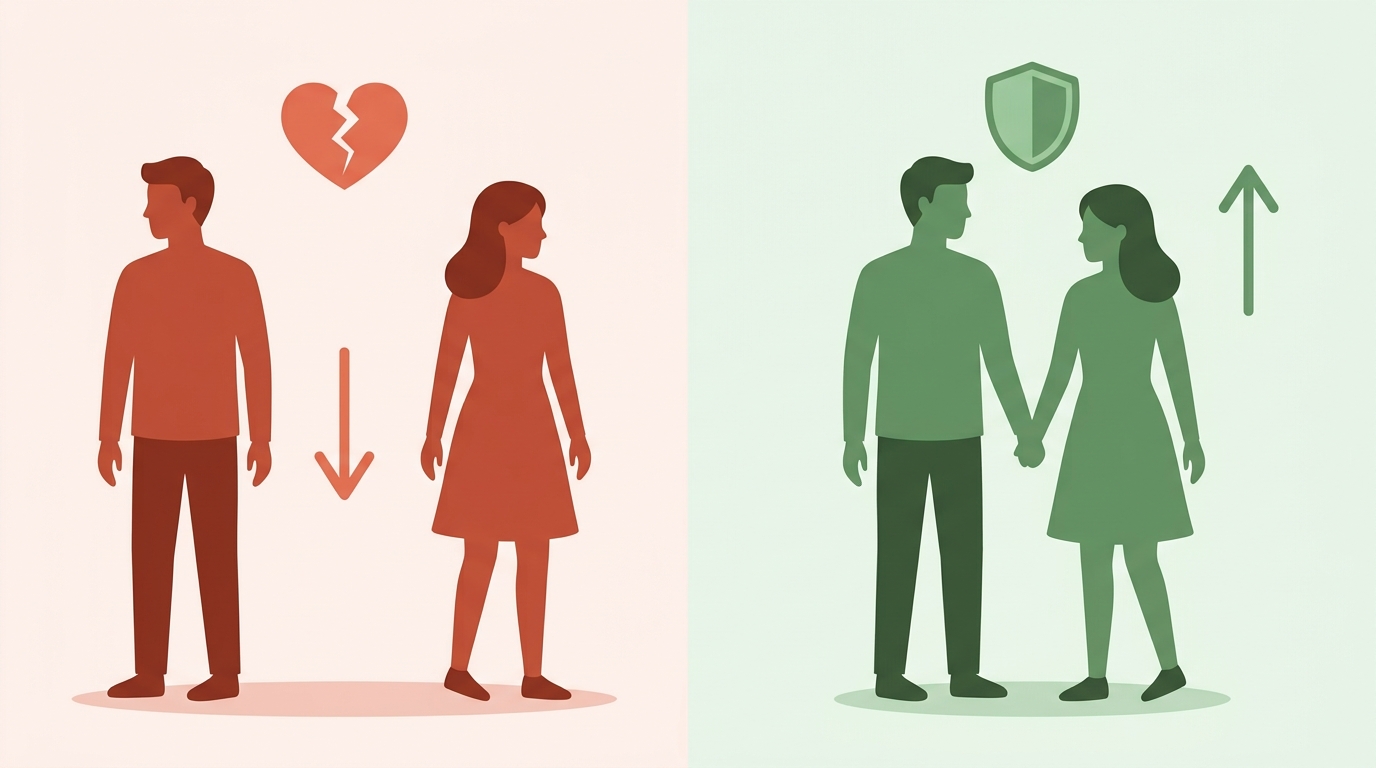 夫婦仲が悪化しやすいパターンとその対策を左右で対比するイラスト