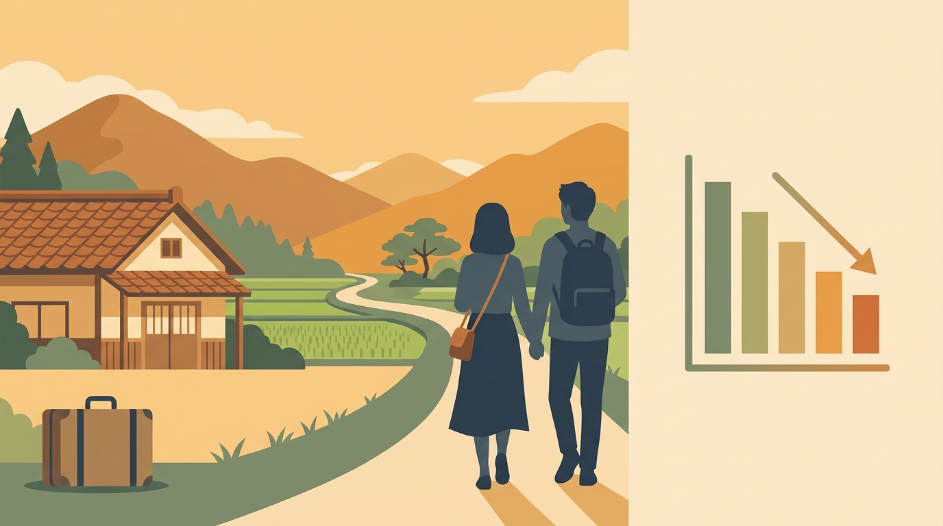 東京から地方へ移住する夫婦をイメージしたイラスト