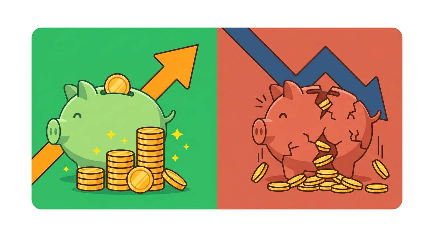 地方移住で貯金が増えた例と資産が半減した例を対比したイラスト