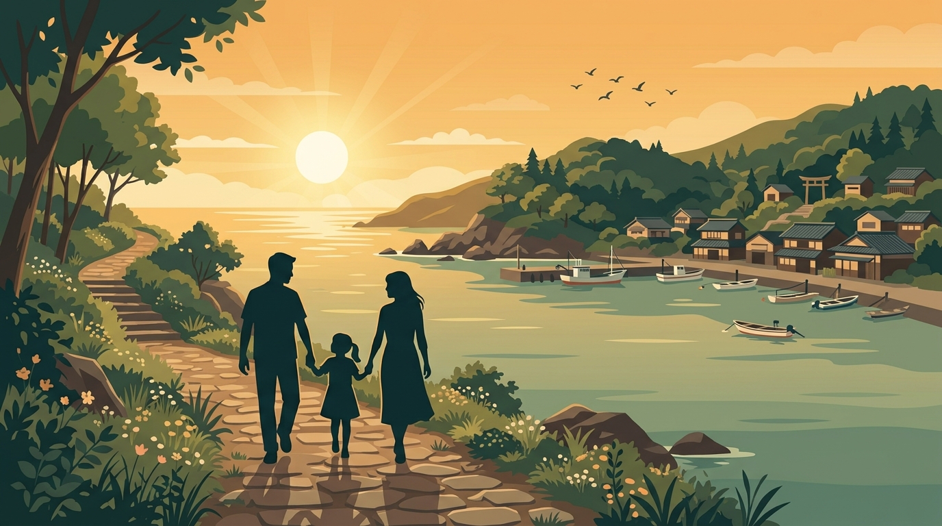 海士町の集落で娘と暮らす移住夫婦の子育てをイメージしたイラスト