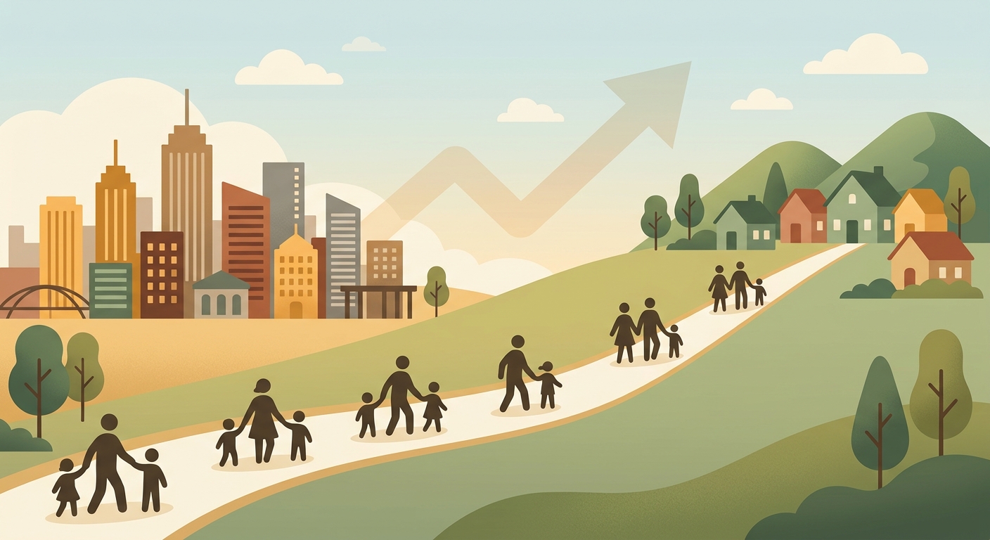 子育て世代の移住が増えている背景を示すイラスト