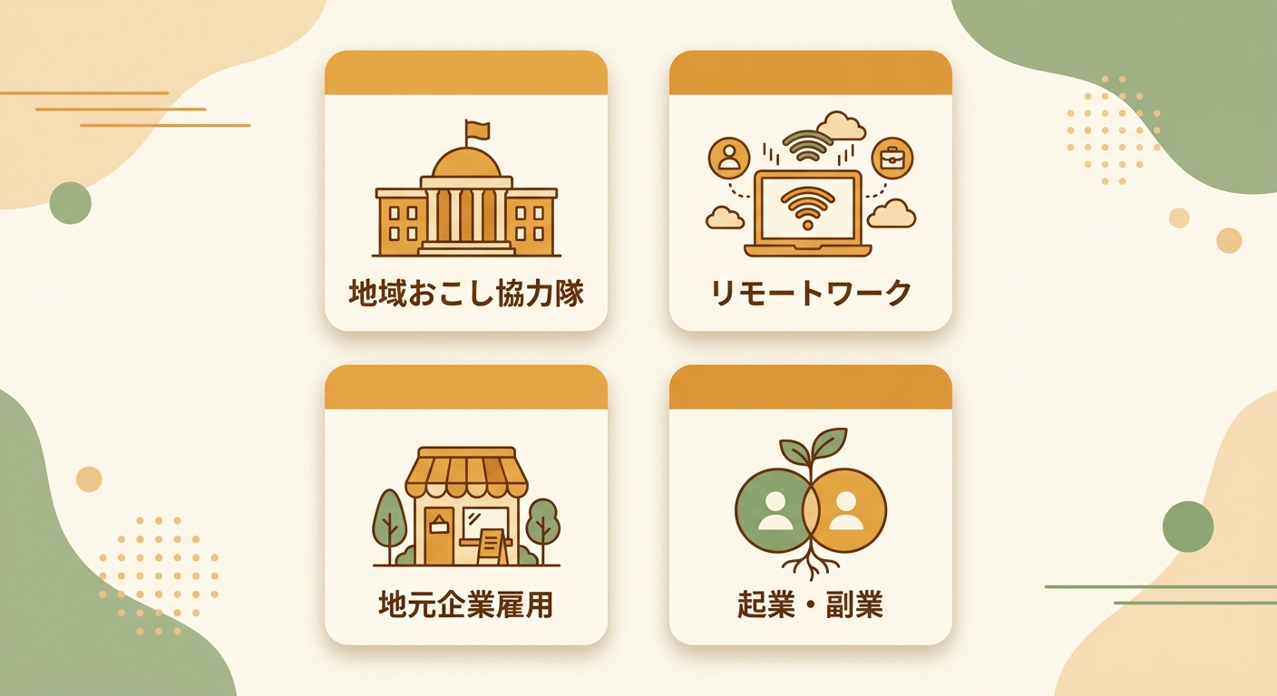 地域おこし協力隊・テレワーク・地元企業就職・起業複業の4つの仕事の形を並べたイラスト